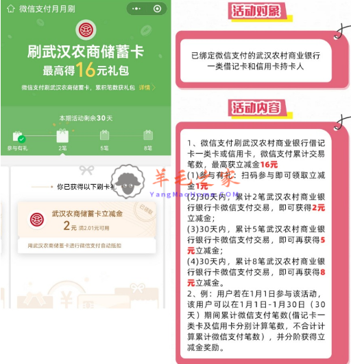 武汉农商银行月月刷 微信支付月月刷，消费得微信立减金（24年5月活动）
