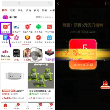 部分用户拼多多限时秒杀领5元无门槛券 0.01元购包邮实物