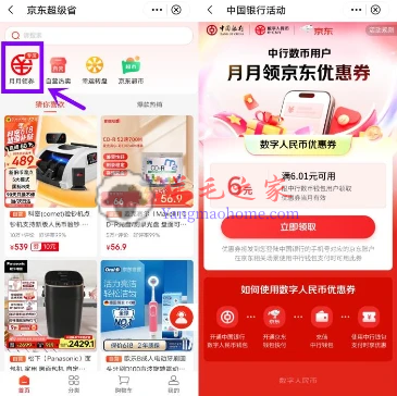 中国银行京东超级省领6元京东数字人民币无门槛券 京东购物抵扣