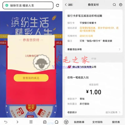 农业银行缤纷生活精彩人生抽1-10元微信红包 亲测中1元